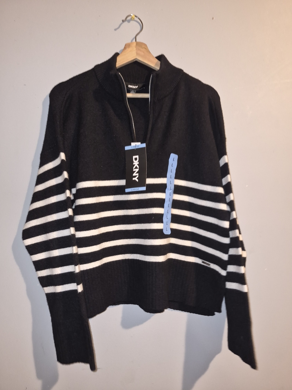DKNY Black & White Striped Half-Zip Sweater